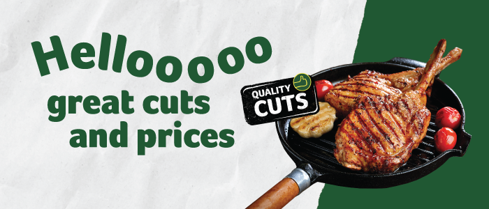 Web banner with 'Hellooooo great cuts and prices' in large green text on a white paper-like background, featuring a skillet with a grilled steak and tomatoes, and a 'Quality Cuts' sign with a checkmark.