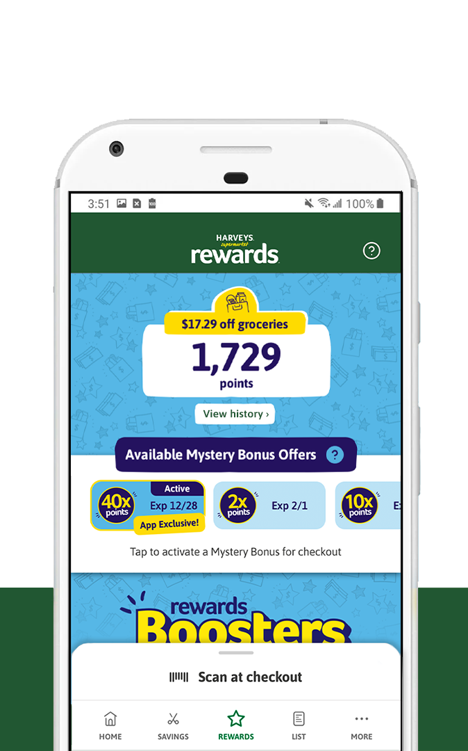 Harveys Supermarkets App Rewards Page