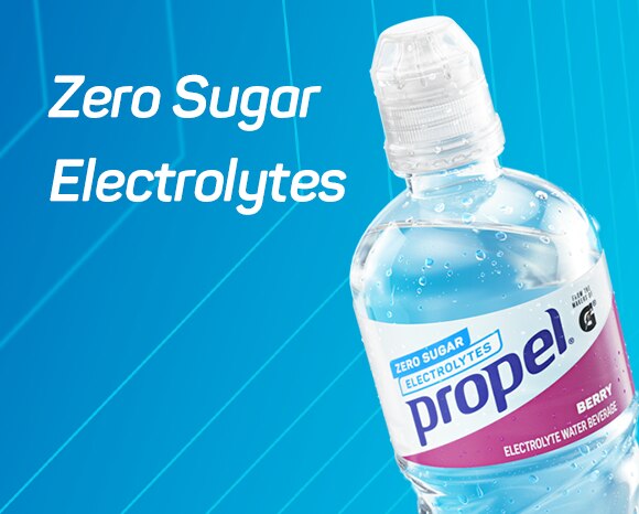 Propel bottle on a blue background. Headline text reads Zero Sugar Electrolytes