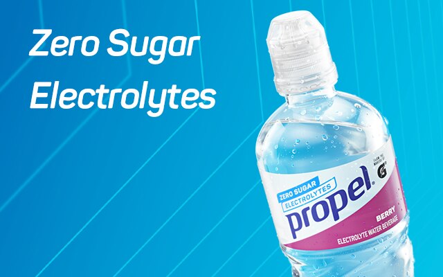 Propel bottle on a blue background. Headline text reads Zero Sugar Electrolytes