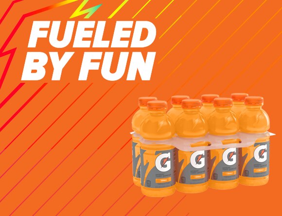 Gatorade® 8-pack on an orange background with text to the top left that reads 