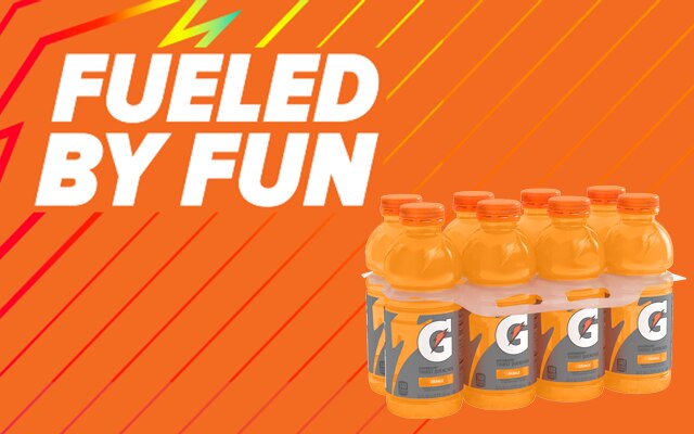 Gatorade® 8-pack on an orange background with text to the top left that reads 