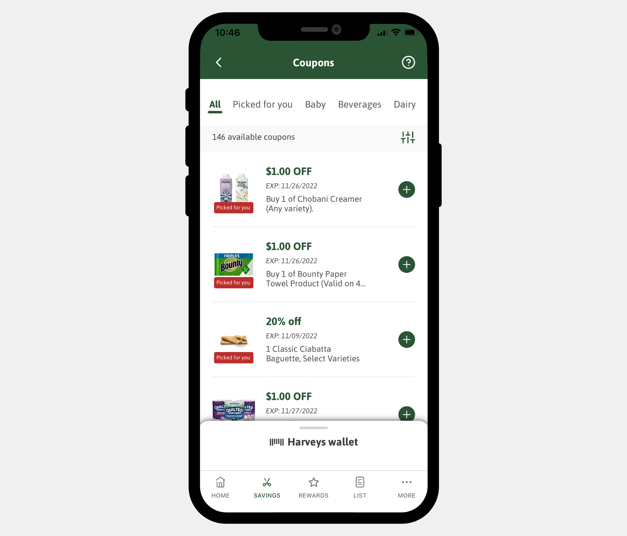 Image of a phone using the digital coupons feature on the Harveys app