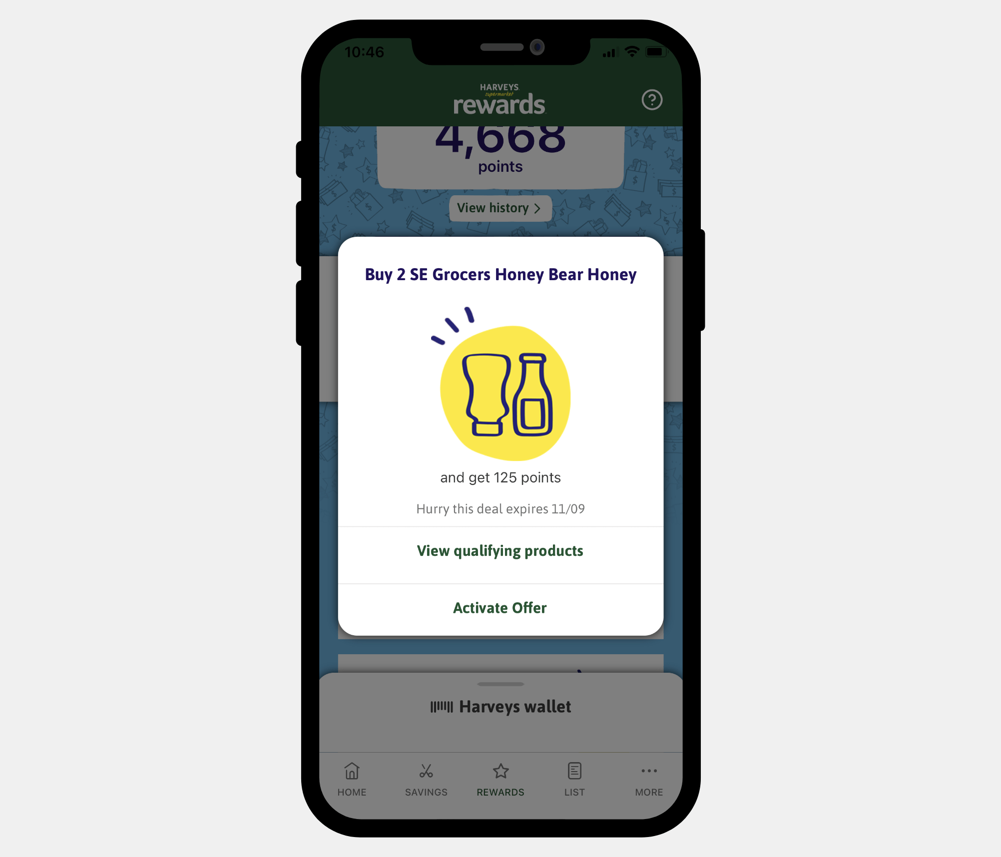 Image of a phone using the rewards offers feature on the Harveys app