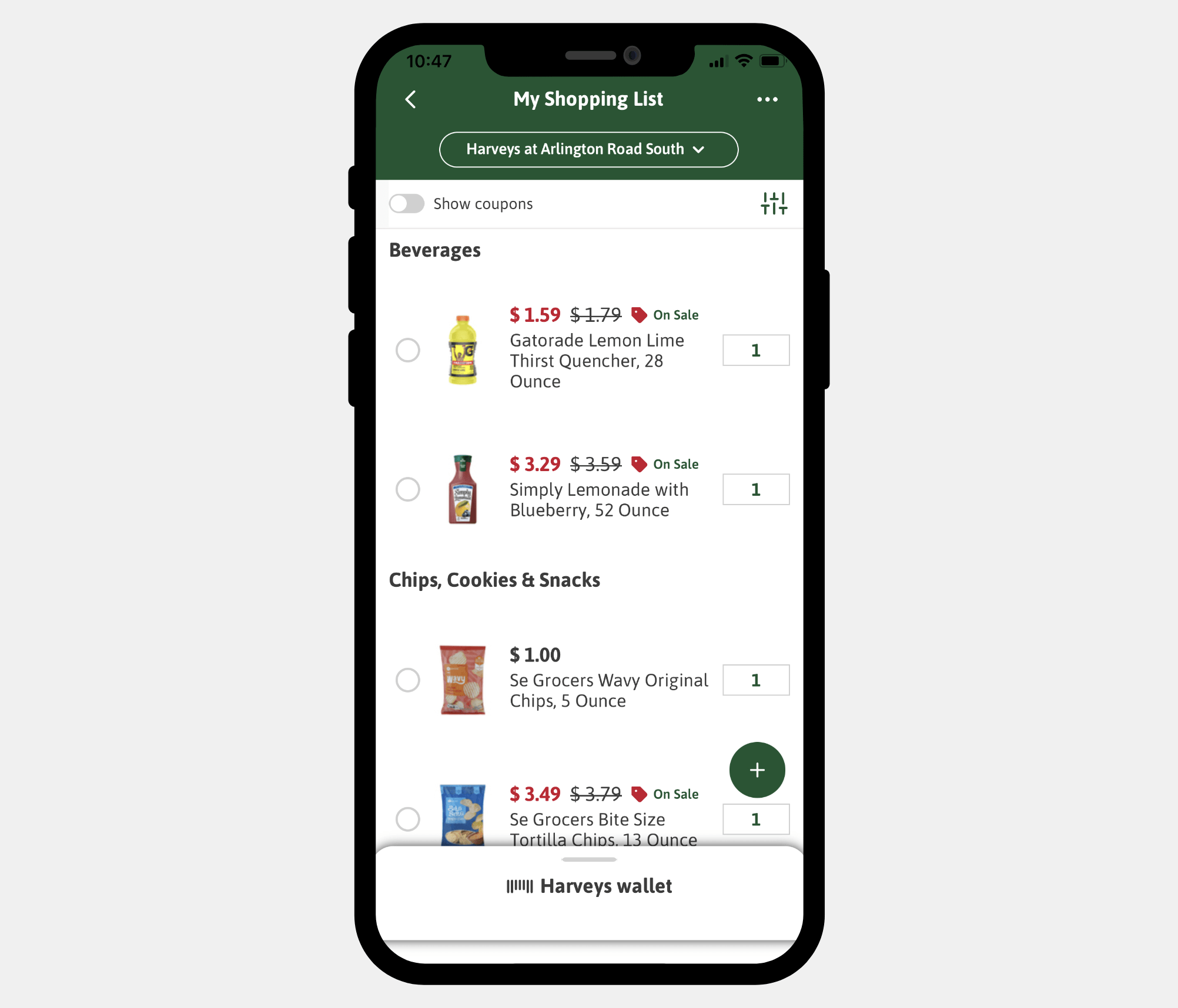 Image of a phone using the shopping list feature on the Harveys app