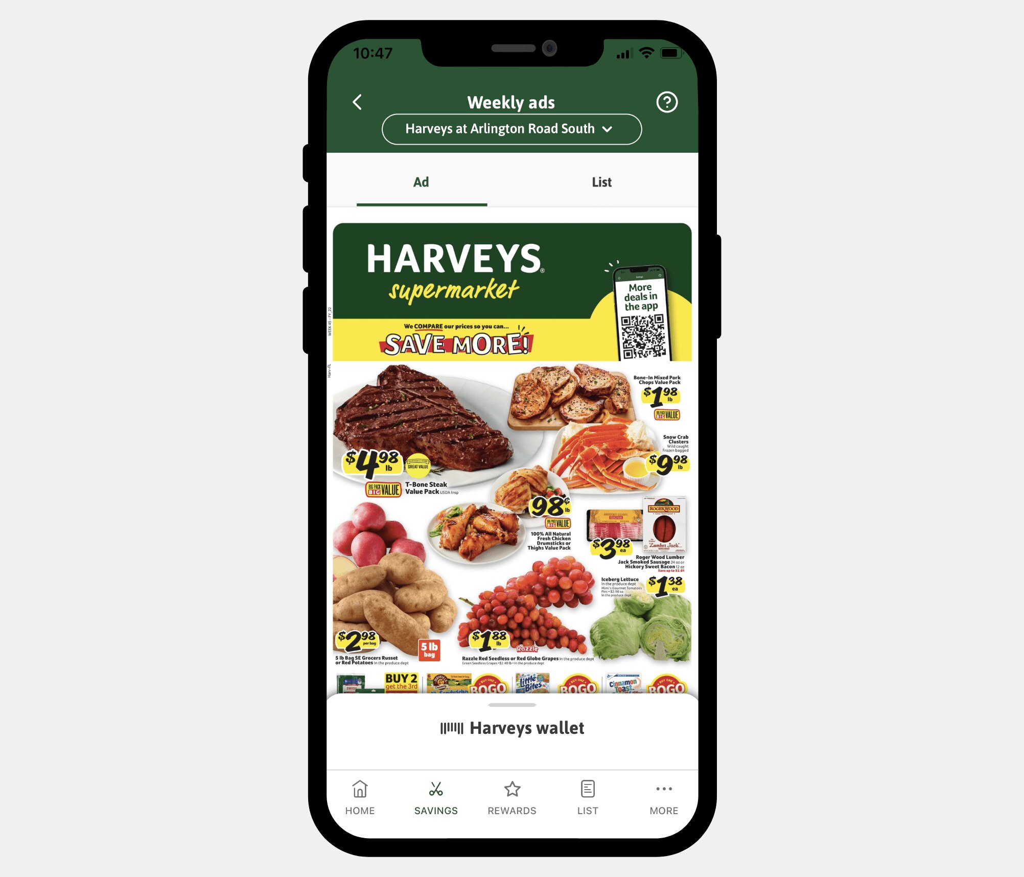 Image of a phone using the weekly ad feature on the Harveys app