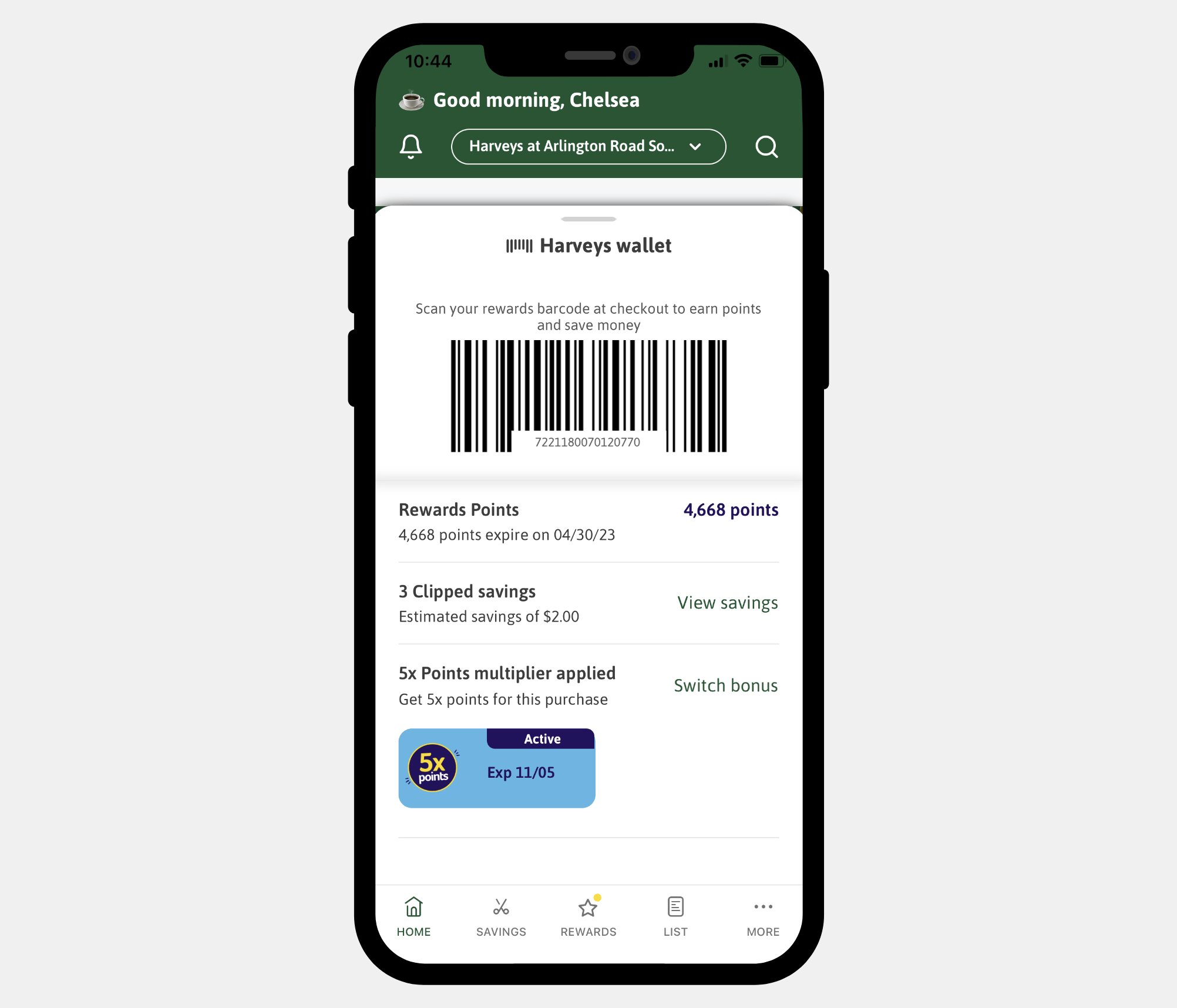 Image of a phone using the wallet feature on the Harveys app