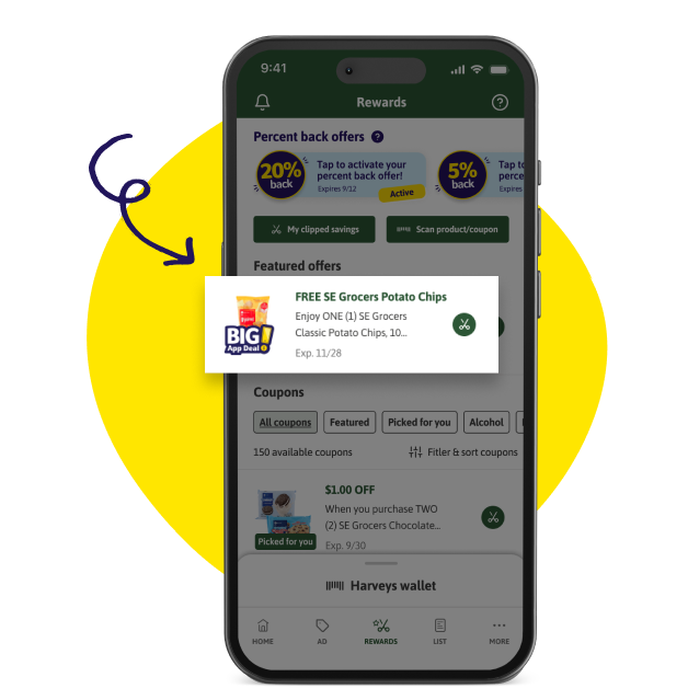 coupon on the rewards tab in Harveys app