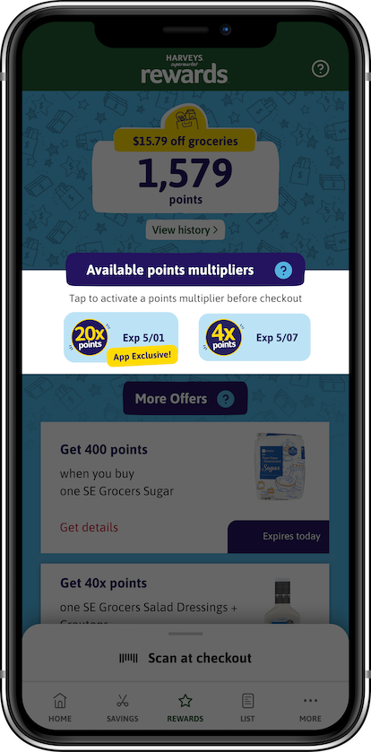 Phone screen showing available points multiplier