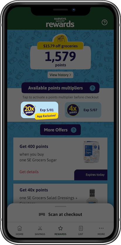 Phone screen showing activated points multiplier