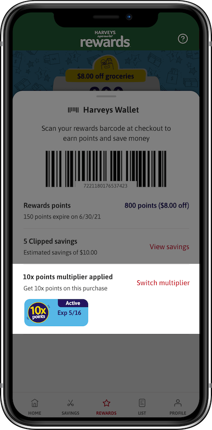 Phone screen showing activated points multiplier