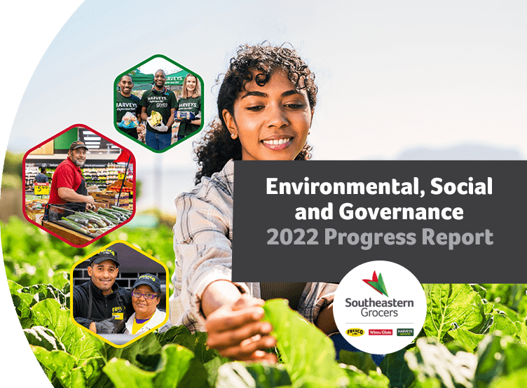 Woman in a field joyfully cultivating plants. On top of the image, text reads "Environmental, Social and Governance 2022 Progress Report" with the Southeastern Grocers, Winn-Dixie, Harveys Supermarket, and Fresco y Más logos.