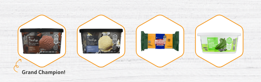 Row of SE Grocers products listed from left to right - Prestige Chocolate Ice Cream, Prestige French Vanilla Ice Cream, 2% Reduced Fat Sharp Cheddar Cheese Chunk, Soft Jalapeño Cream Cheese Spread