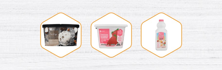 Row of SE Grocers products listed from left to right - Prestige Coconut Almond Fudge Ice Cream, Soft Strawberry Cream Cheese Spread, Fat Free Banana Berry with Probiotics Drinkable Yogurt