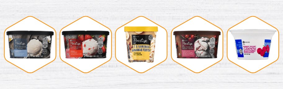 Row of SE Grocers products listed from left to right - Prestige Homestyle Vanilla Ice Cream, Prestige Strawberry Ice Cream, Prestige Banana Foster Premium Ice Cream, Prestige Black Cherry Frozen Yogurt, Greek Black Cherry Nonfat Yogurt