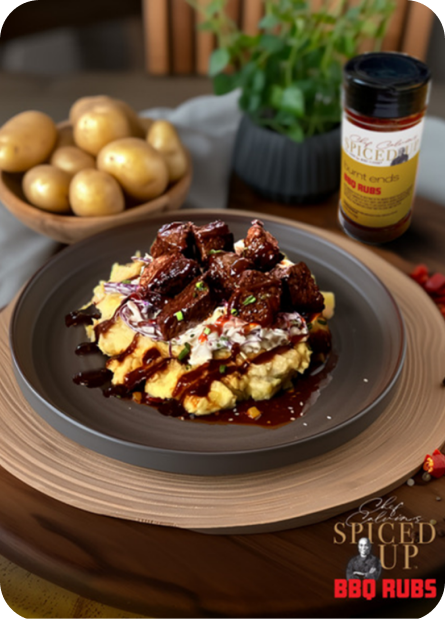 Burnt End Beef Tips with Yukon Gold Mashed Potatoes & Coleslaw served on a plate.
