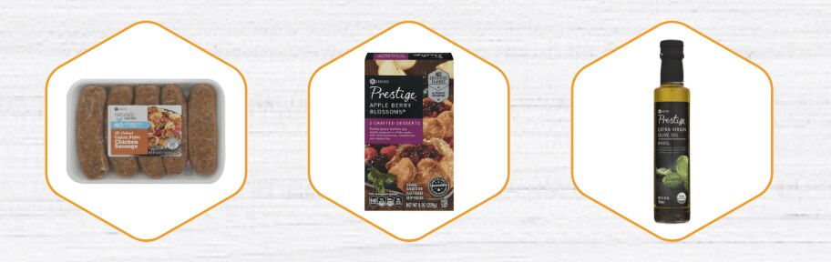Row of SE Grocers products listed from left to right - naturally better All Natural Cajun Style Chicken Sausage, Prestige Apple Berry Blossoms®, and Prestige Extra Virgin Olive Oil
