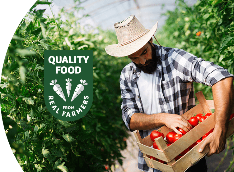 Male farmer holding a box of tomatoes with text that reads "quality food from real farmers"
