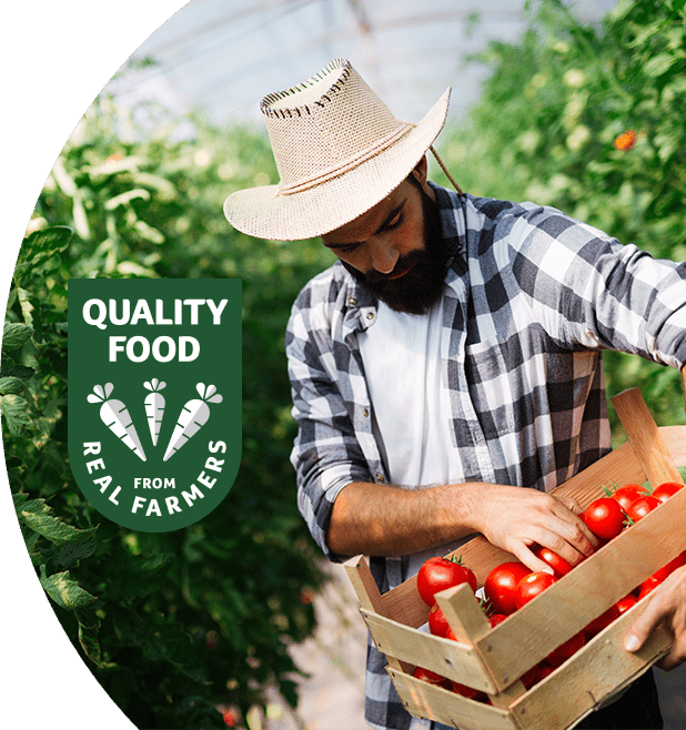Male farmer holding a box of tomatoes with text that reads "quality food from real farmers"