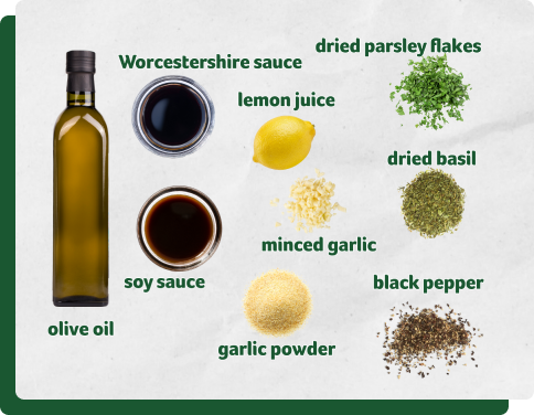 Steak marinade ingredients - Worcestershire sauce, soy sauce, lemon juice, minced garlic, garlic powder, dried parsley flakes, dried basil, black pepper.