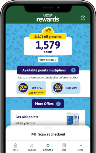 Phone screen showing the rewards section of the Harveys app.