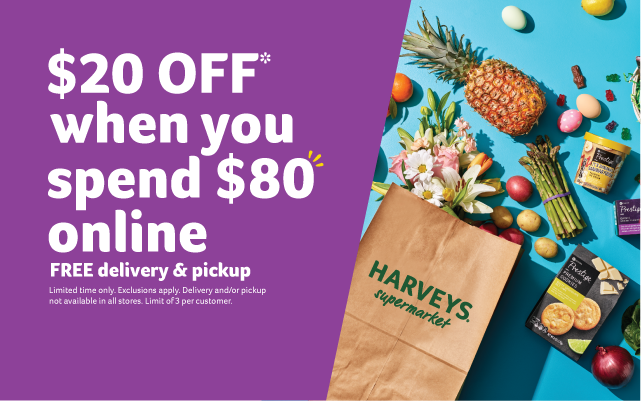 $20 OFF* when you spend $80 online. FREE delivery & pickup. Limited time only. Exclusions apply. Delivery and/or pickup not available in all stores. Limit of 3 per customer.
