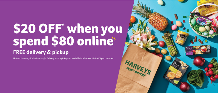 $20 OFF* when you spend $80 online. FREE delivery & pickup. Limited time only. Exclusions apply. Delivery and/or pickup not available in all stores. Limit of 3 per customer.