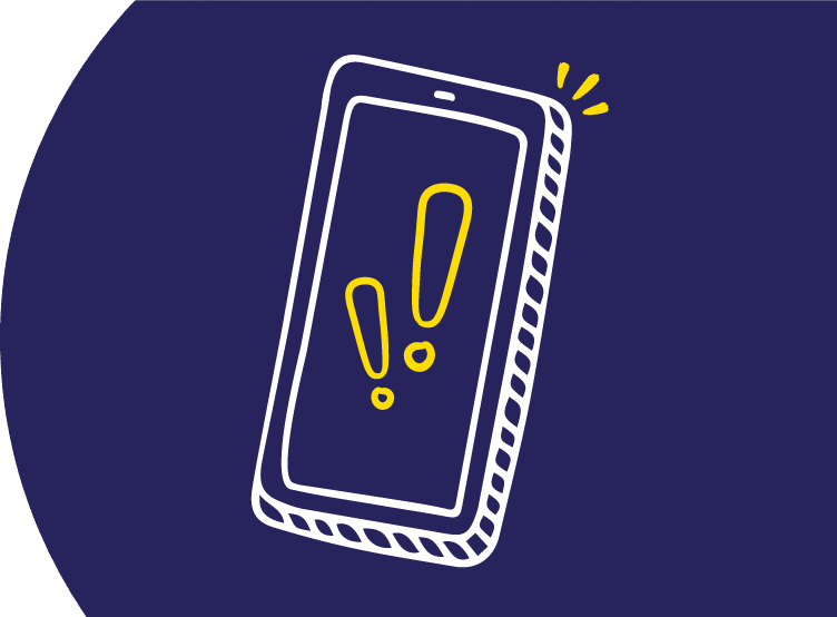 Illustrated smart phone with exclamation points on the screen. Blue background