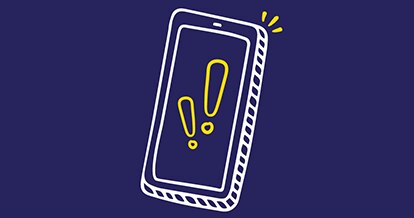Illustrated smart phone with exclamation points on the screen. Blue background