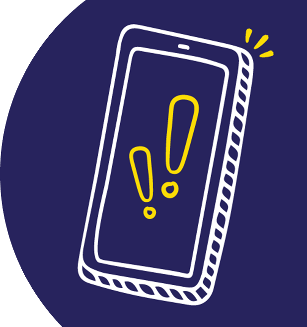 Illustrated smart phone with exclamation points on the screen. Blue background