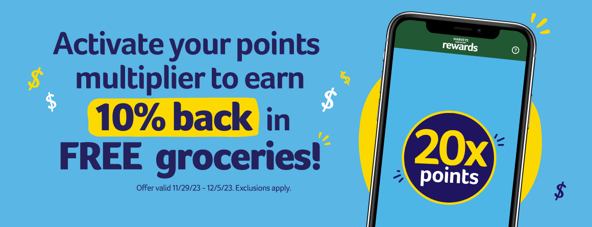 Activate your points multiplier to earn 10% back in FREE groceries! 20x points. Activate now. Offer valid 11/29/23-12/5/23. Exclusions apply.  