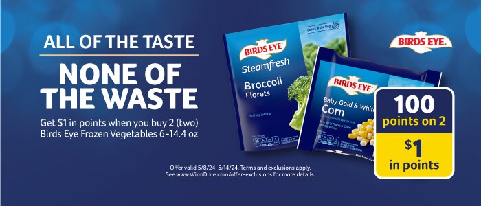 Two Birds Eye frozen vegetable packages, offering 