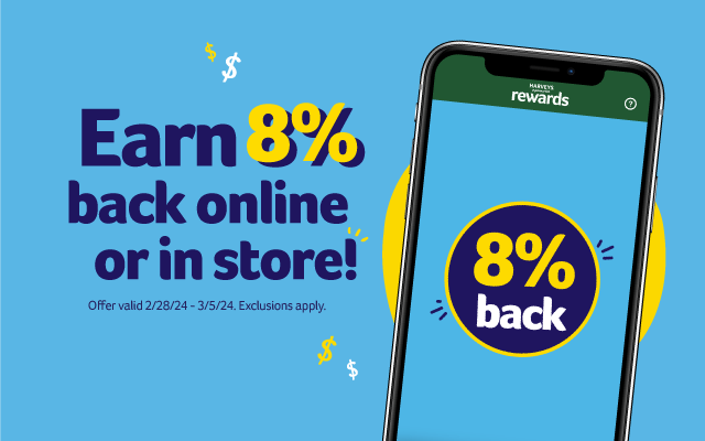 Earn 8% back online or in store! Offer valid 2/28/24-3/5/24. Exclusions apply.