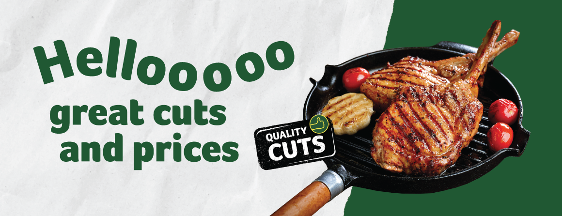 Web banner with 'Hellooooo great cuts and prices' in large green text on a white paper-like background, featuring a skillet with a grilled steak and tomatoes, and a 'Quality Cuts' sign with a checkmark.