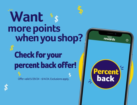 Percent back' offer with a smartphone displaying the Harveys Supermarkets rewards app. Text reads 'Want more points when you shop? Check for your percent back offer!' with dollar signs on a blue background. Offer valid 5/29/24 - 6/4/24.