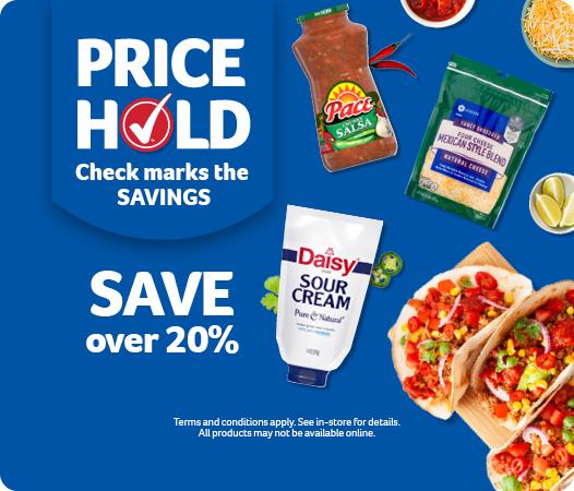 A blue background with bold white text stating "SAVE over 20%" and a tagline "Check marks the SAVINGS." The image showcases taco ingredients, including Daisy Sour Cream, shredded Mexican-style cheese, Pace salsa, and fresh limes, alongside a plated serving of loaded tacos on a wooden board. A disclaimer at the bottom mentions terms and conditions, availability in-store, and product availability limitations online.