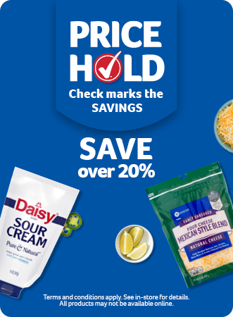 A blue background with bold white text stating "SAVE over 20%" and a tagline "Check marks the SAVINGS." The image showcases taco ingredients, including Daisy Sour Cream, shredded Mexican-style cheese, Pace salsa, and fresh limes, alongside a plated serving of loaded tacos on a wooden board. A disclaimer at the bottom mentions terms and conditions, availability in-store, and product availability limitations online.