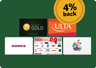A bold green background featuring a yellow badge in the top right that reads “4% back.” Below the badge are five popular gift cards arranged in two rows:  Top row: Razer Gold and Ulta Beauty  Middle row: Kohl’s and a multi-brand “100s of ways to spend” card  Bottom row: A colorful Apple gift card