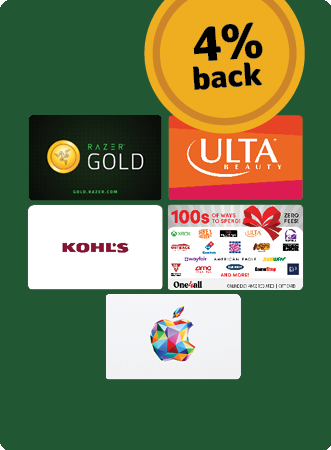 A bold green background featuring a yellow badge in the top right that reads “4% back.” Below the badge are five popular gift cards arranged in two rows:  Top row: Razer Gold and Ulta Beauty  Middle row: Kohl’s and a multi-brand “100s of ways to spend” card  Bottom row: A colorful Apple gift card