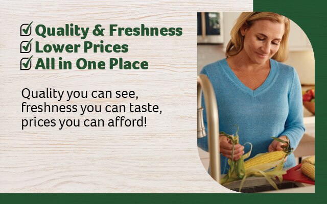A woman in a blue sweater husking corn at a kitchen counter surrounded by fresh produce, including strawberries, bell peppers, and corn. The design incorporates Harveys' green-themed branding. The text reads:  